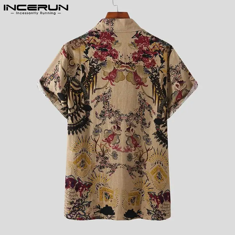 INCERUN 2024 Men Shirt Printing Cotton Lapel Short Sleeve Summer Vintage Camisas Button Streetwear Casual Hawaiian Shirts S-3XL