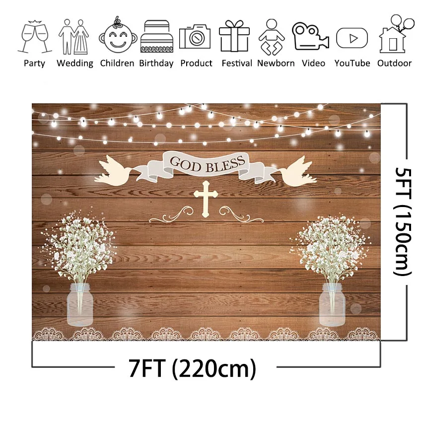 First Holy Communion Backdrop Wooden Bless Birthday Baby Shower Photo Booth Backdrops Christening Baptism Christening Banner