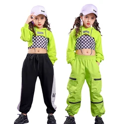 Lolanta Girls Hip Hop Dance Clothes Green Crop Top Or Black Green Pants / Plaid Vest Children Streetwear Performance Costume