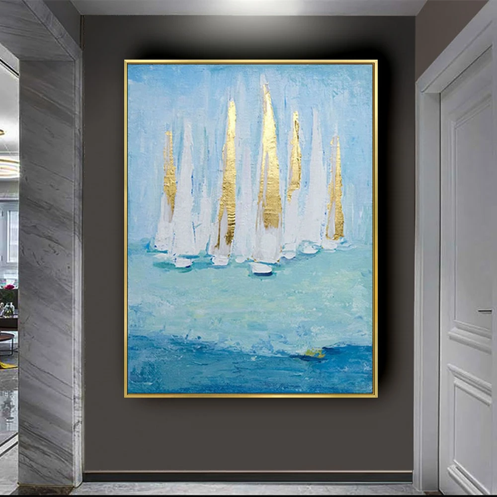 

Hand-Painted Modern Large Abstract Blue Sailboat On The Sea Home Decor Hang Picture Landscape Wall Art Oil Painting On Canvas