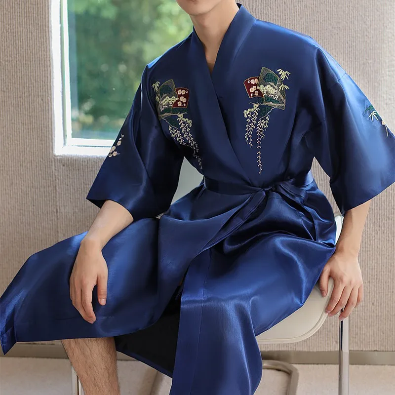 Embroidery Male Kimono Bathrobe Gown Chinese Style Sleepwear Casual Nightgown Loose Nightwear Lingerie Satin Silk Lounge Wear