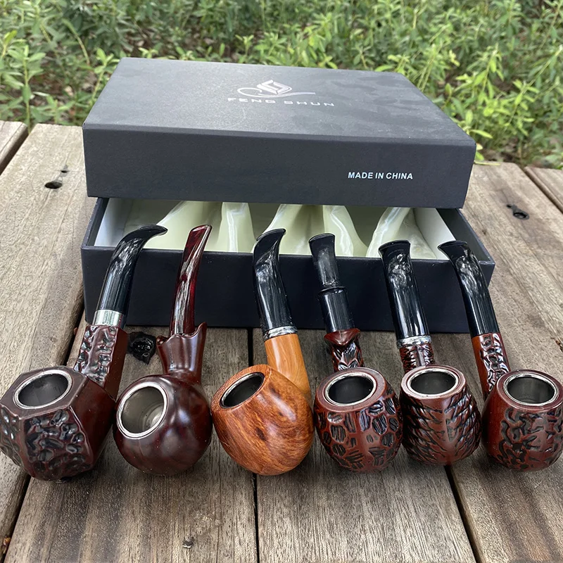 6Pcs/Set Class Style Tobacco Smoking Pipe Wood Resin Filter Holder with Gift Box for Best Friend