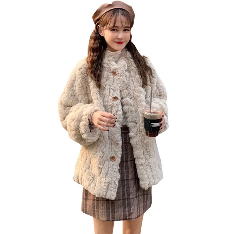 

2022 Autumn Winter Lamb Cashmere Coat Women Thickened Mid-length Lazy Style Loose Fur Furry Jacket Student Woolen Outwear