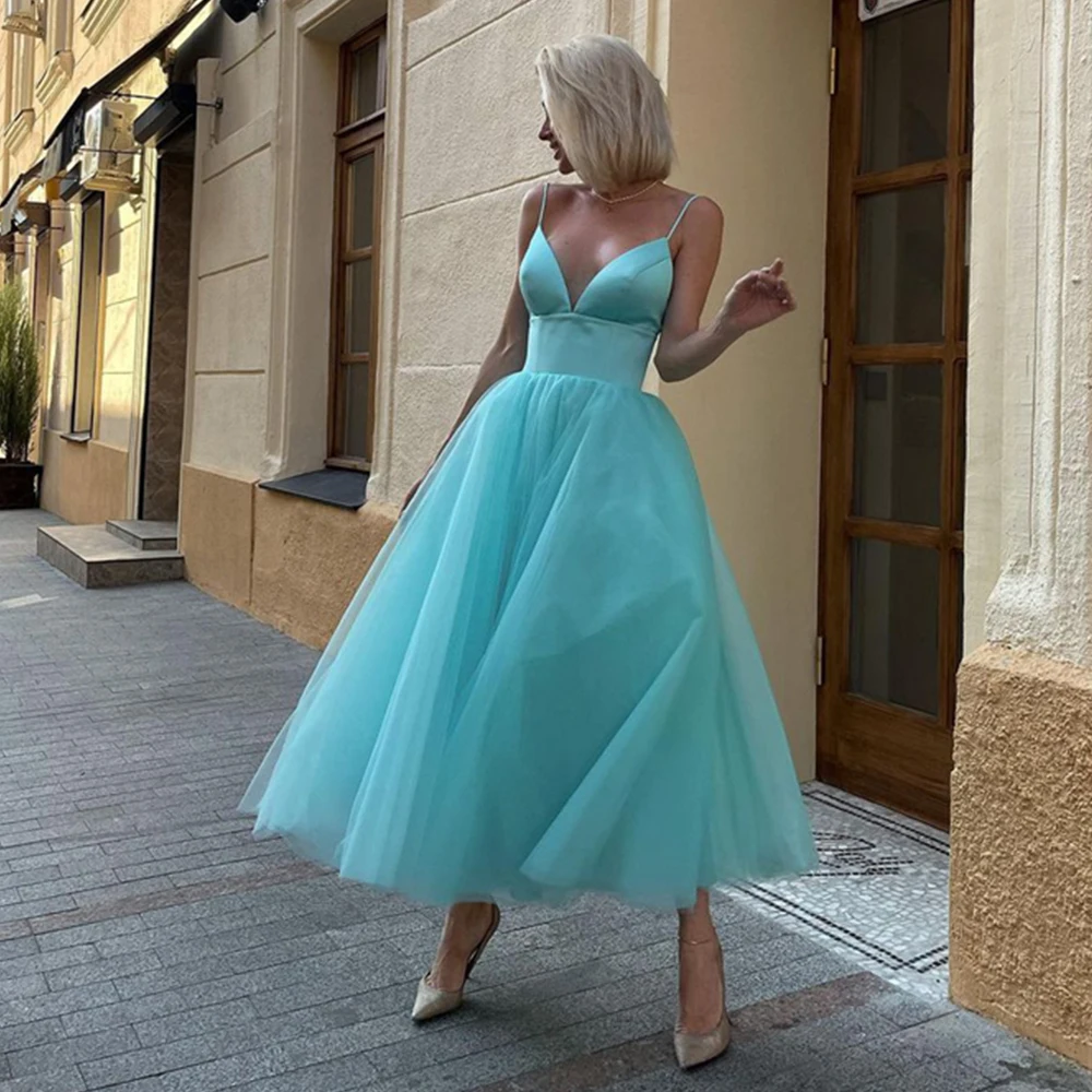 

Sexy V-neck Evening Dresses 2022 Tulle A-line Spaghetti Strap Dubai Saudi Arabic Prom Dress Robes De Soirée Vestidos De Fiesta