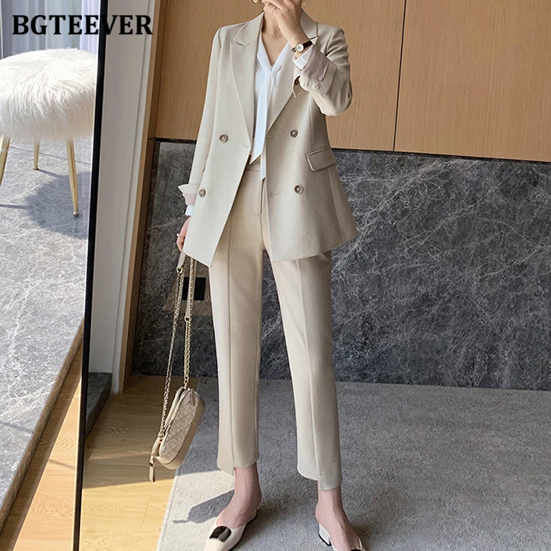 BGTEEVER Elegant Women Trousers Suits Long Sleeve Double Breasted Female Jacket & Irregular Pants Autumn Winter Women Set 2021