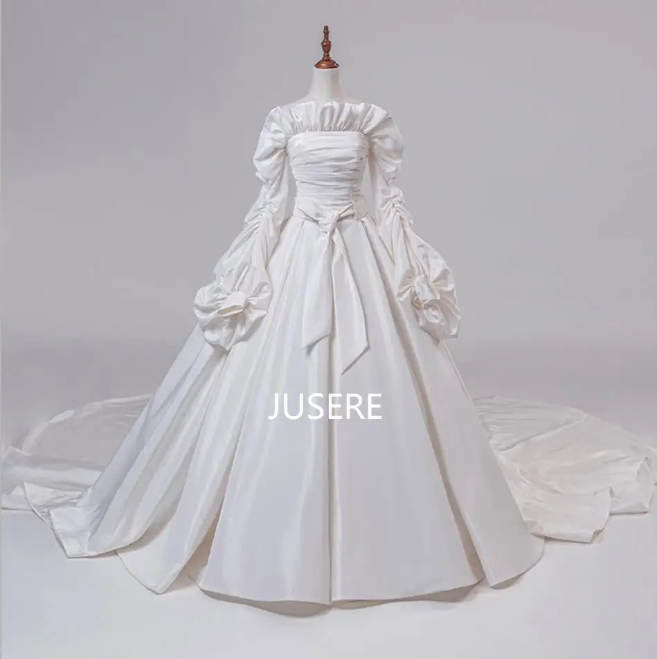 Jusere Strapless Satin bridal dress long sleeves wedding dress bridal gown white dress with chapel train