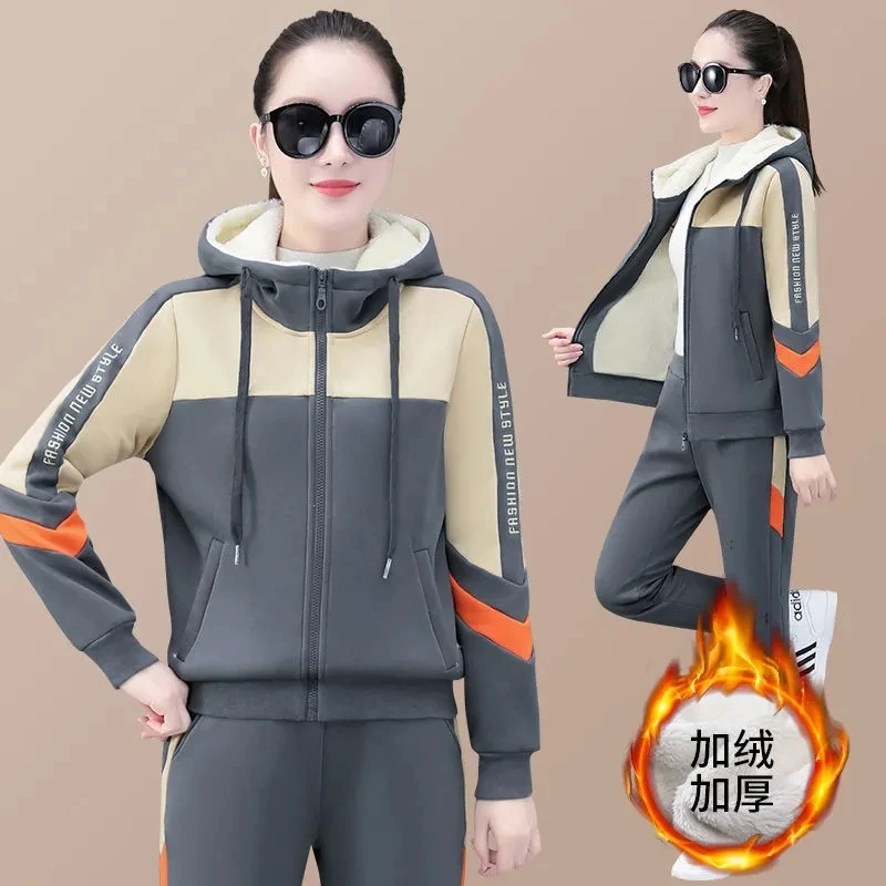 2022 Winter New Thick Lambswool Hooded Sweatshirt Women Tracksuit 2 Piece Set Big Size Casual Fleece Lined Jacket And Pants Suit