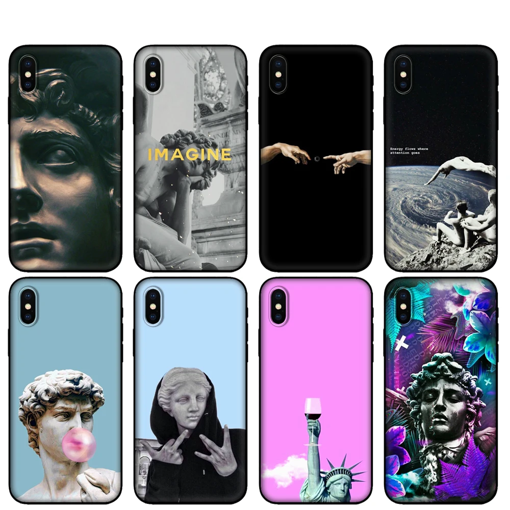 Black tpu Case For Huawei Y9S Y6S Y8S Y5P Y7P Y8P Y5 lite Prime 2018 Y6 2019 Case Silicon Cover Retro Vintage Art Statue