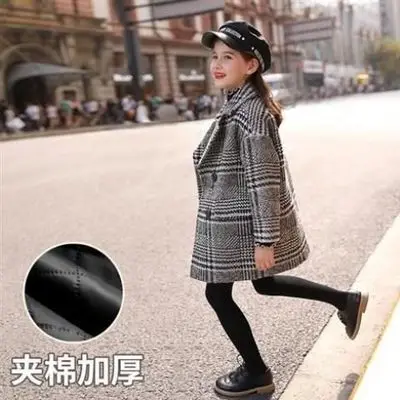 European Style Girls Woolen Coat Fall Winter Children's Casual Plaid Woollen Jacket Thickened Medium Long Trendy Outerwear P358