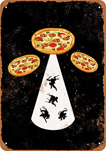 

Metal Sign - Pizza UFO Abducting Ninja Turtles - Vintage Look Wall Decor for Cafe beer Bar Decoration Crafts