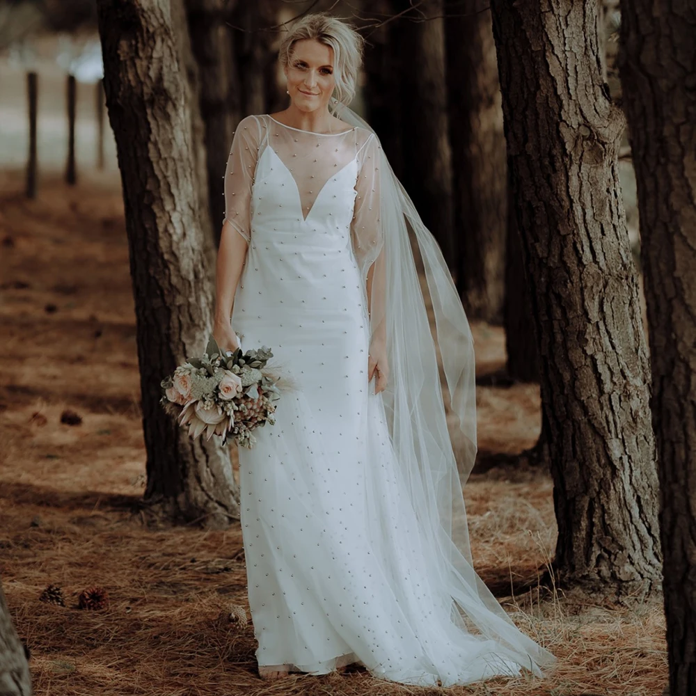 Vestido de novia de manga larga nupcial de dos piezas con perlas, ilusión personalizada, abertura larga de tul, tirantes finos con espalda al aire libre