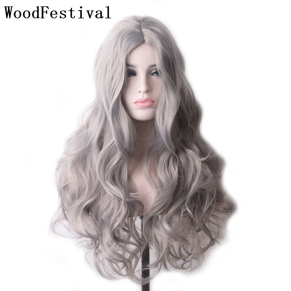 WoodFestival Synthetic Hair Grey Wig Cosplay Long Wigs For Women Blonde Pink Red Black And White Green Brown Blue Purple Colored