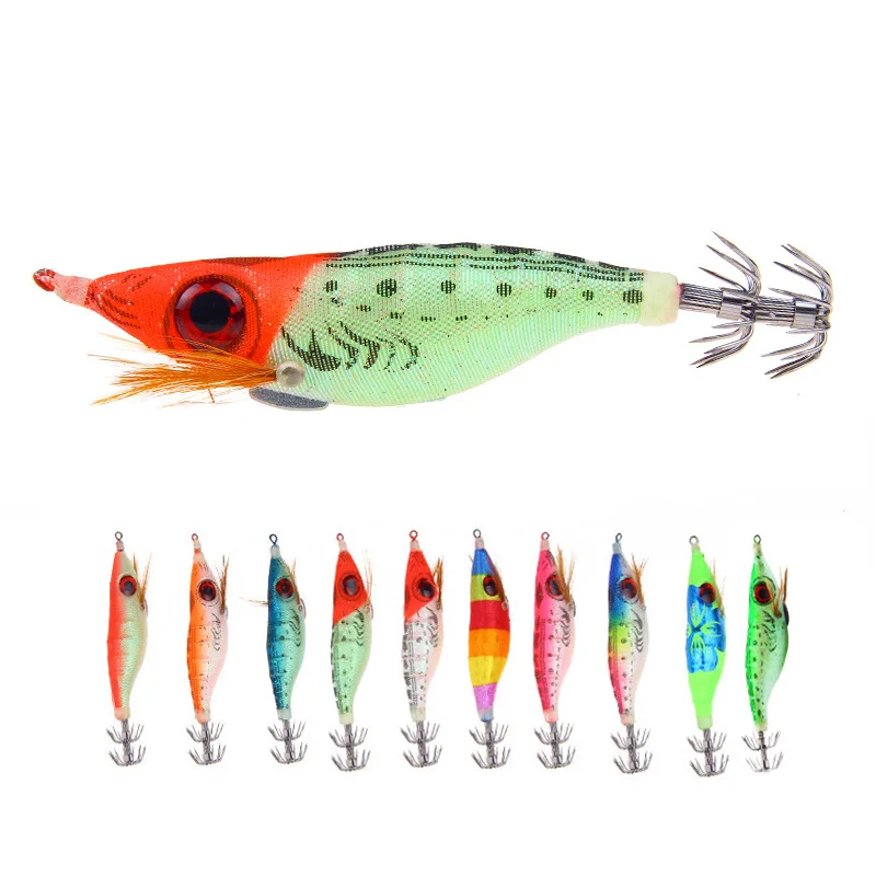 1Pcs Luminous Lures 9.2g 10cm Wooden Shrimp Fishing Lure Squid Jig Big Eyes Octopus Cuttlefish Artificial Hard Shrimp Bait