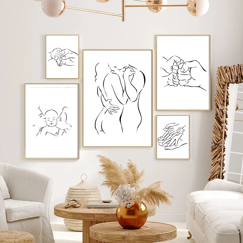 Family Portrait Mom Dad Baby Art Line Drawing Posters Abstract Minimalist Wall Canvas Print Painting Couple In Love Pictures Dec