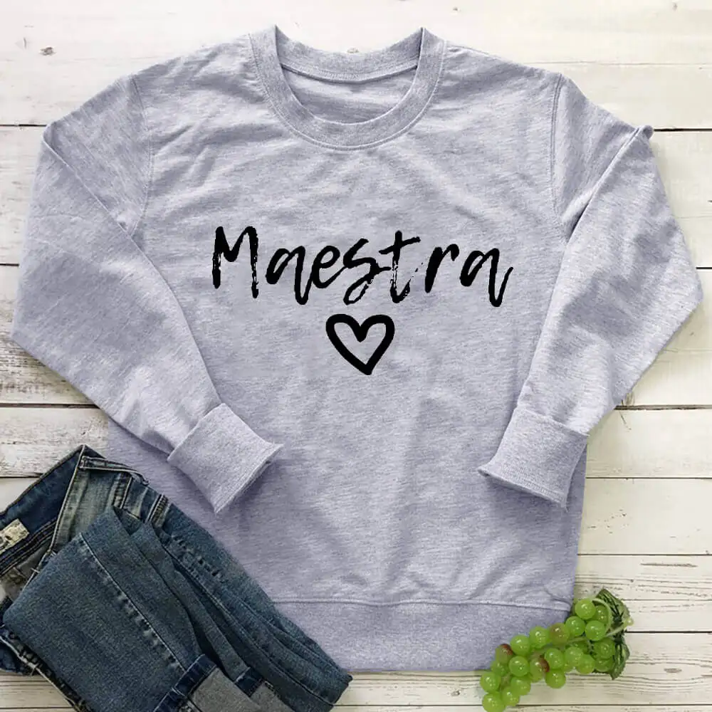 Maestra Heart Print 100%Cotton Spanish Teacher Sweatshirts Women\'s Funny Casual O-Neck Feminist Long Sleeve Tops Teacher Gift