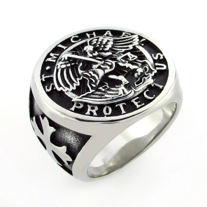 Vintage 316L Stainless Steel Archangel ST.MICHAEL PROTECT US Ring Religious Legend Cross Ring Jewelry