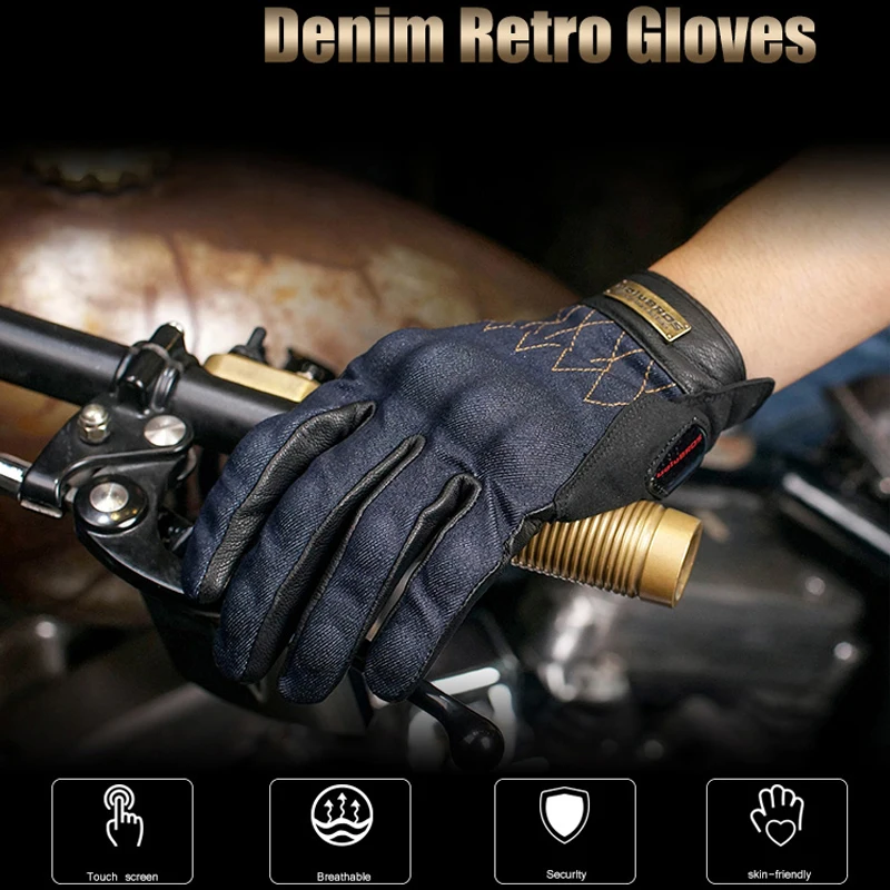 Vintage Denim Leather Gloves Motorcycle Motorbike Full Finger  Touch Screen  Non-slip Gloves