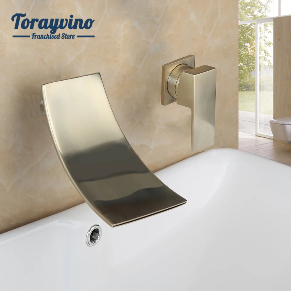 

Torayvino Brushed Gold Finished Brass Bathroom Bathtub Faucet Mixer Waterfall Faucets Double Hole Wall Mounted Single Outlet Tap