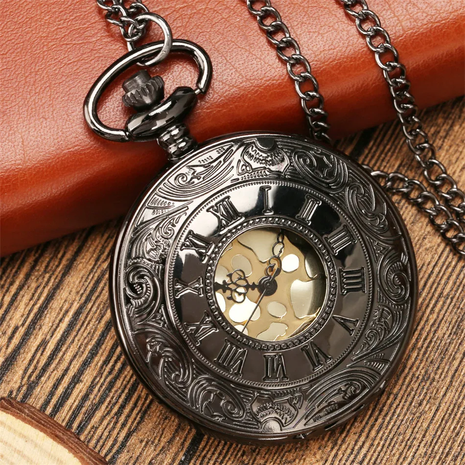 Holle Cirkel Romeinse Cijfers Gegraveerd Patroon Display Quartz Zakhorloge Vintage Klassieke Ketting Pocket Klok Geschenken Mannen Vrouwen