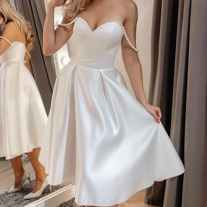 LSYX Short Wedding Dress Sweetheart Satin Knee Length Off Shoulder Simple Shiny Bridal Gown For Women Brides Elegant Robe De Mar