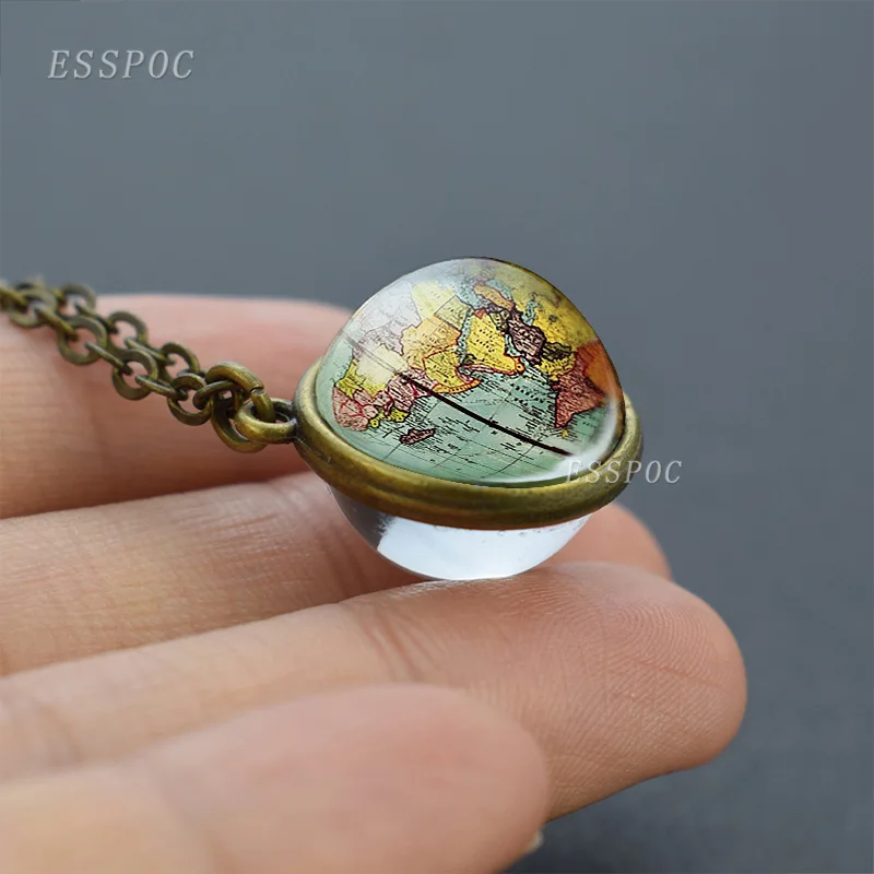 New Arrivals Charm Double Sided Necklace Planet Earth World Map Pendant Glass Ball Necklace for Women Men