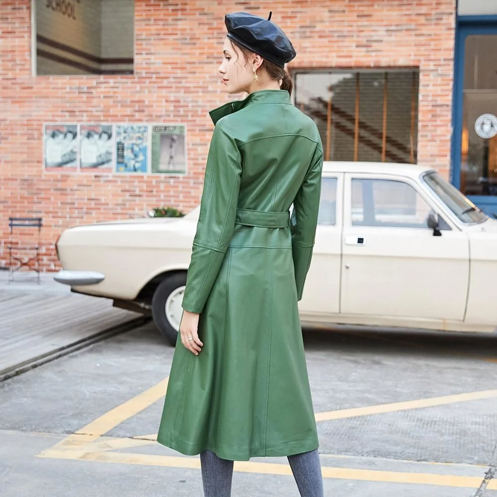 Genuine Leather Long Jacket Women Real Sheepskin Trench Coat Belt Luxury Brand Autumn Winter Office Ladies Elegant Coat Dress