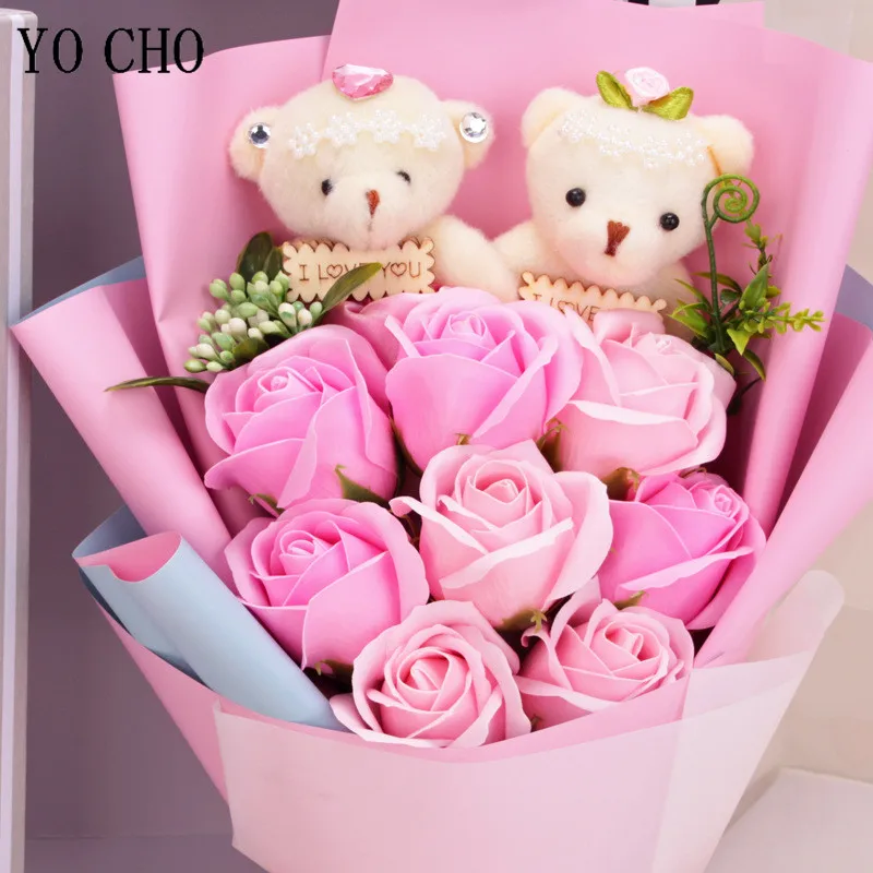 Artificial Flower Rose Bear Soap Flower Bouquet + LED Light + Gift Bag Gift Box Valentine's Day Wedding Decoration Birthday Gift