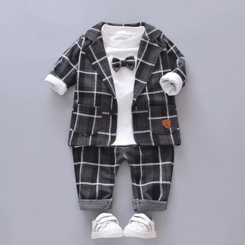 

Boys' gentleman suit 2021 spring and autumn new children boys' gentleman Plaid suit coat+T-shirt+ pants three piece set 0-5Y