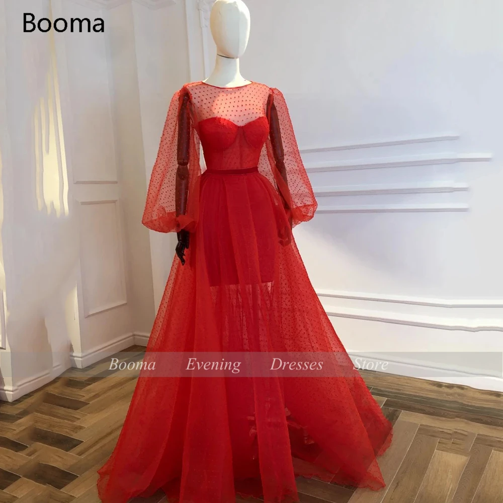 Booma Titik Merah Tulle Prom Gaun Sendok Ilusi Panjang Puff Lengan Gaun Pesta Tipis Lengan Pendek Di Atas Lutut Formal Gaun