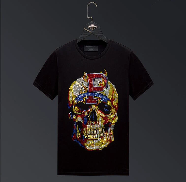 S-6XL Streetwear Men Diamonds Summer Mens Rhinestones  Skull T Shirt Male  Fashion Tees Casual  anime Tops