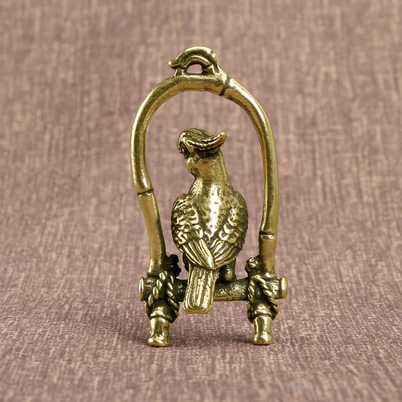 Antique Copper Crafts Bird Cage Parrot Figurines Miniatures Desktop Ornaments Brass Animal Bird Key Chain Pendant Jewelry Decors