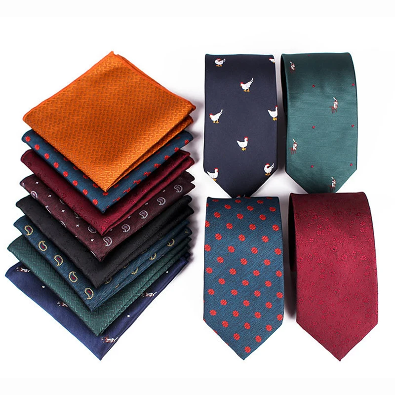 

Новый модный комплект галстуков из полиэстера с тонким принтом 7 см для мужчин, галстук и карманный квадратный комплект для свадьбы, деловой вечеринки, повседневный подарок, узкий