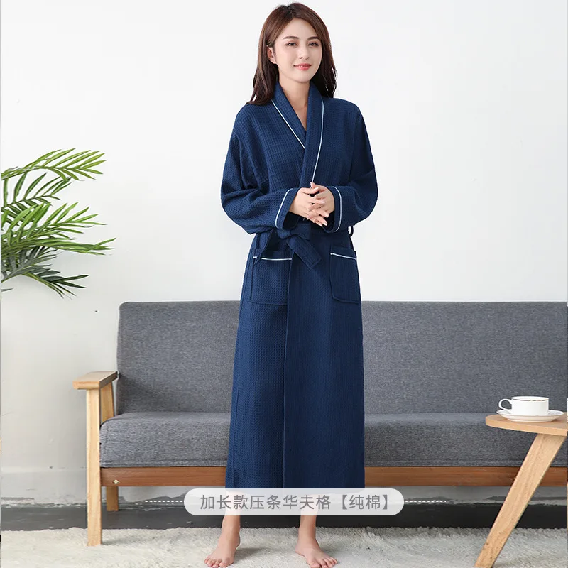 100% Cotton Hotel Long Kimono Waffle Bath Robe for Women Autumn Fast Water Absorption Bathrobe Female Gown Sleepwear Size 2XL