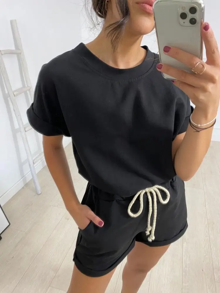 Summer Cotton Sets Women Casual Two Pieces Short Sleeve T Shirts and High Waist Short Pants Solid Outfits Tracksuit