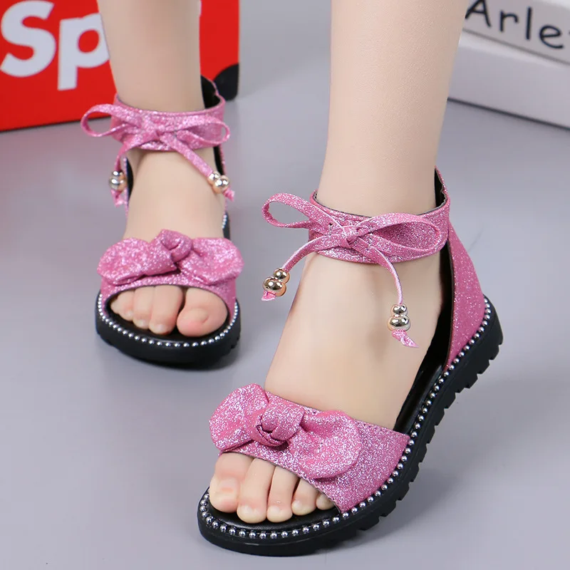 New 2023 Summer Girls Sandals Fashion Bowknot Zipper Princess Girls Shoes Children Kids Baby Party Flat Sandals Shoes A857