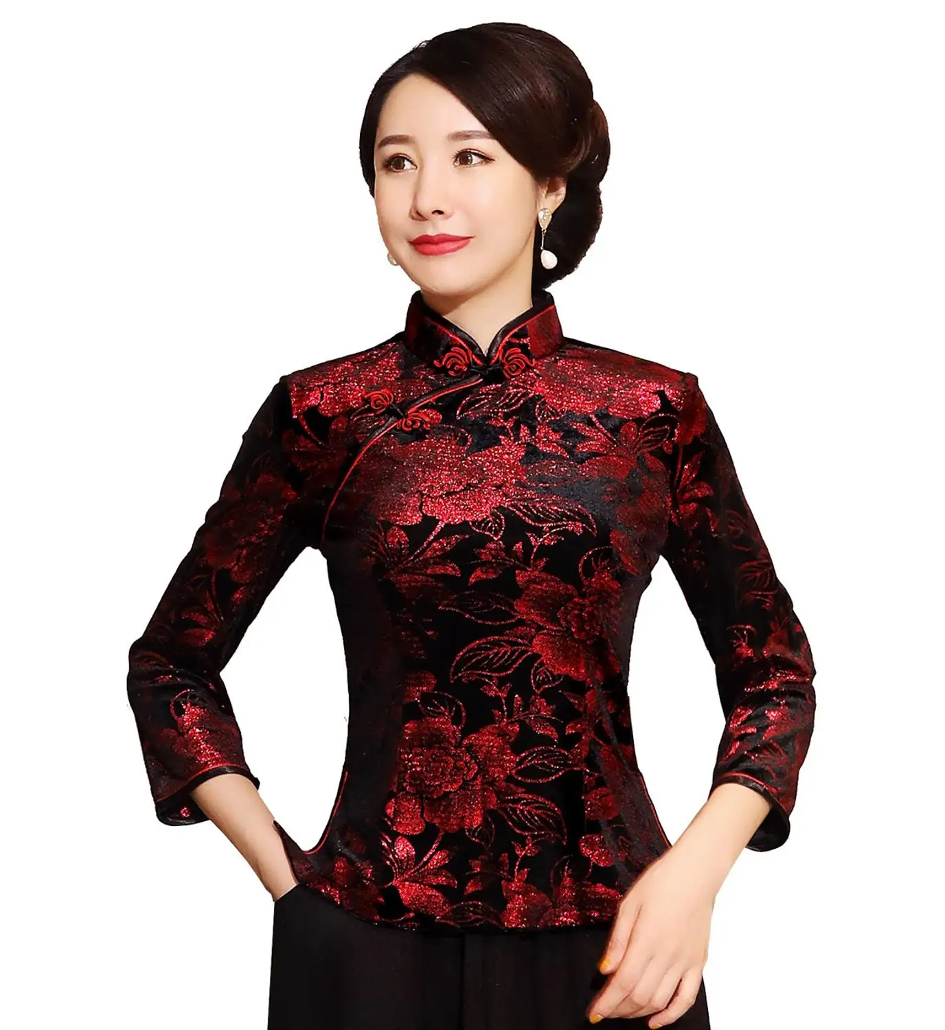 Shanghai Story Chinese Button Woman\'s Shirt chinese traditional top 3/4 Sleeve cheongsam top Velvet traditional Chinese blouse