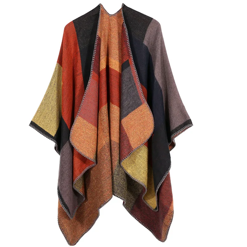 Warm Knitted Multi Color Scarf Thick Oversized Wool Shawl Wrap Women Ruana's Cape Open Front Acrylic Woven Cardigan Poncho Stole