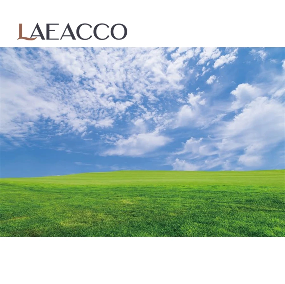 Laeacco Green Grass Lawn Blue Sky Cloudy Spring Natural Scenic Photography Backdrops Photo Backgrounds For Photo Studio