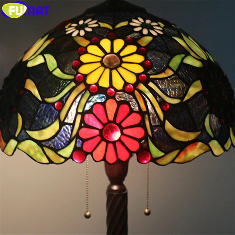 

FUMAT Tiffany Floor Lamp Gemstone Yellow Red Chrysanthemum Stained Glass Lampshade Multe Color Light European Retro Style Alloy