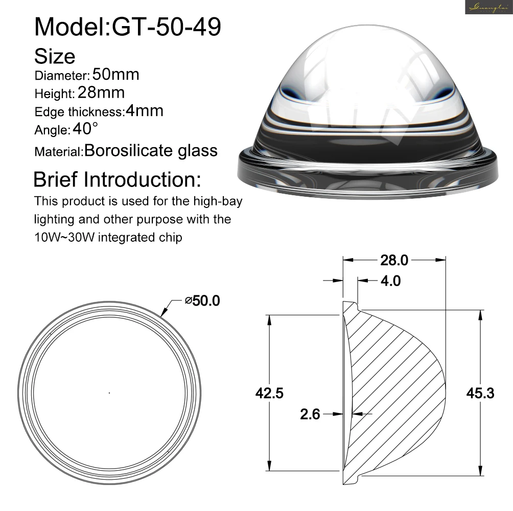 Diameter 50 Angle 40 High power LED Borosilicate glass Lens for Zoom LED Flashlight Torch Bike head lamp spotlight projector