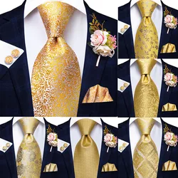 Hi-Tie Fashion Men Necktie Luxury Yellow Floral Silk Wedding Tie For Men Hanky Cufflink Gift Tie Set Business Party Dropshipping