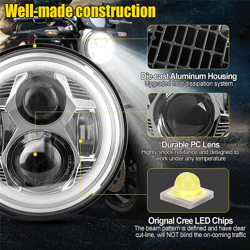 7" Inch H4 LED Moto Headlight Round For 93-08 Ducati Monster 1000 600 Halo Ring Amver For JeepJK TJ Touring Lada 4x4 Yamaha Niva view 3