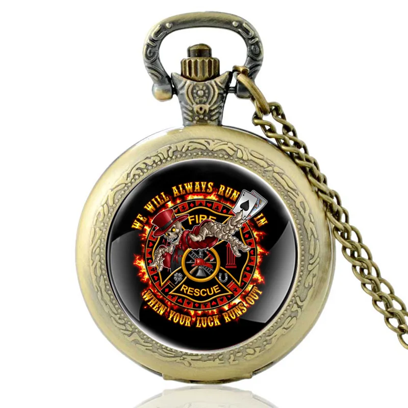 Unique Fireman Design Glass Cabochon Fire Rescue Vintage Quartz Pocket Watch FOB Men Women Pendant Necklace Hours Clock