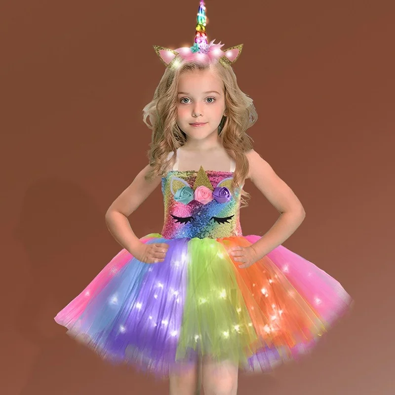 Children Unicorn Girls Dress With LED Light Shiny Flower Birthday Party Gift Halloween Cosplay Costume Kids Christmas Clothing