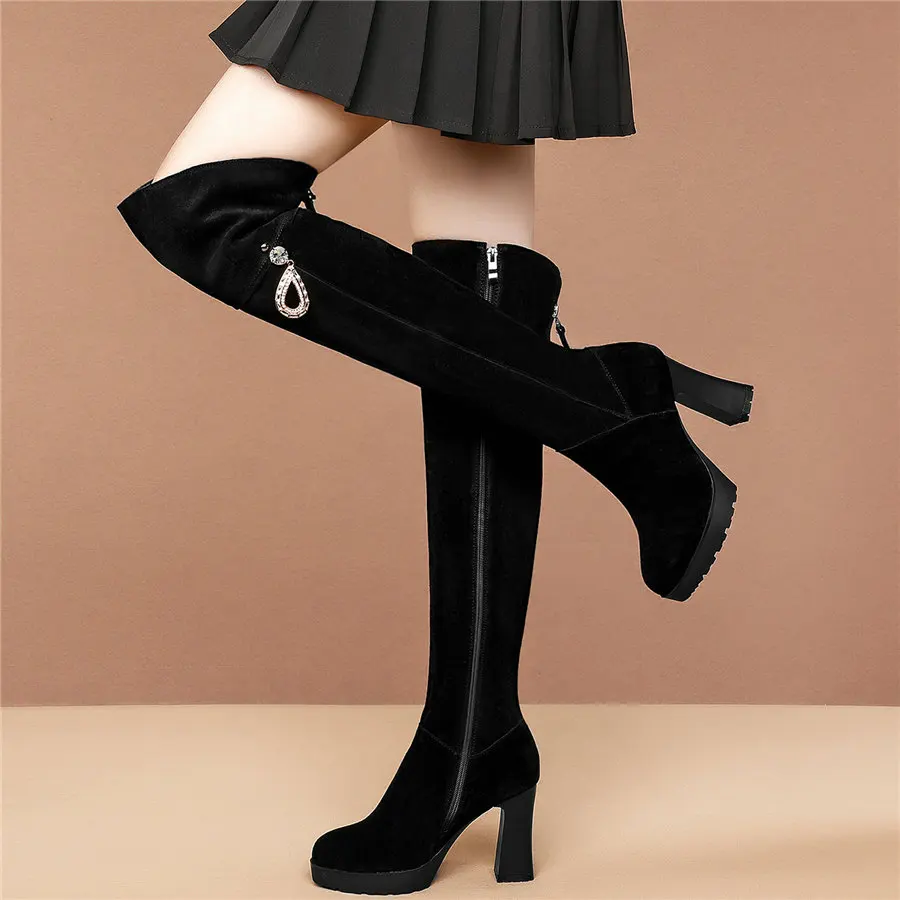 Winter Thigh High Booties Women Genuine Leather Chunky High Heels Over The Knee High Boots Female Round Toe Platform Pumps Shoes