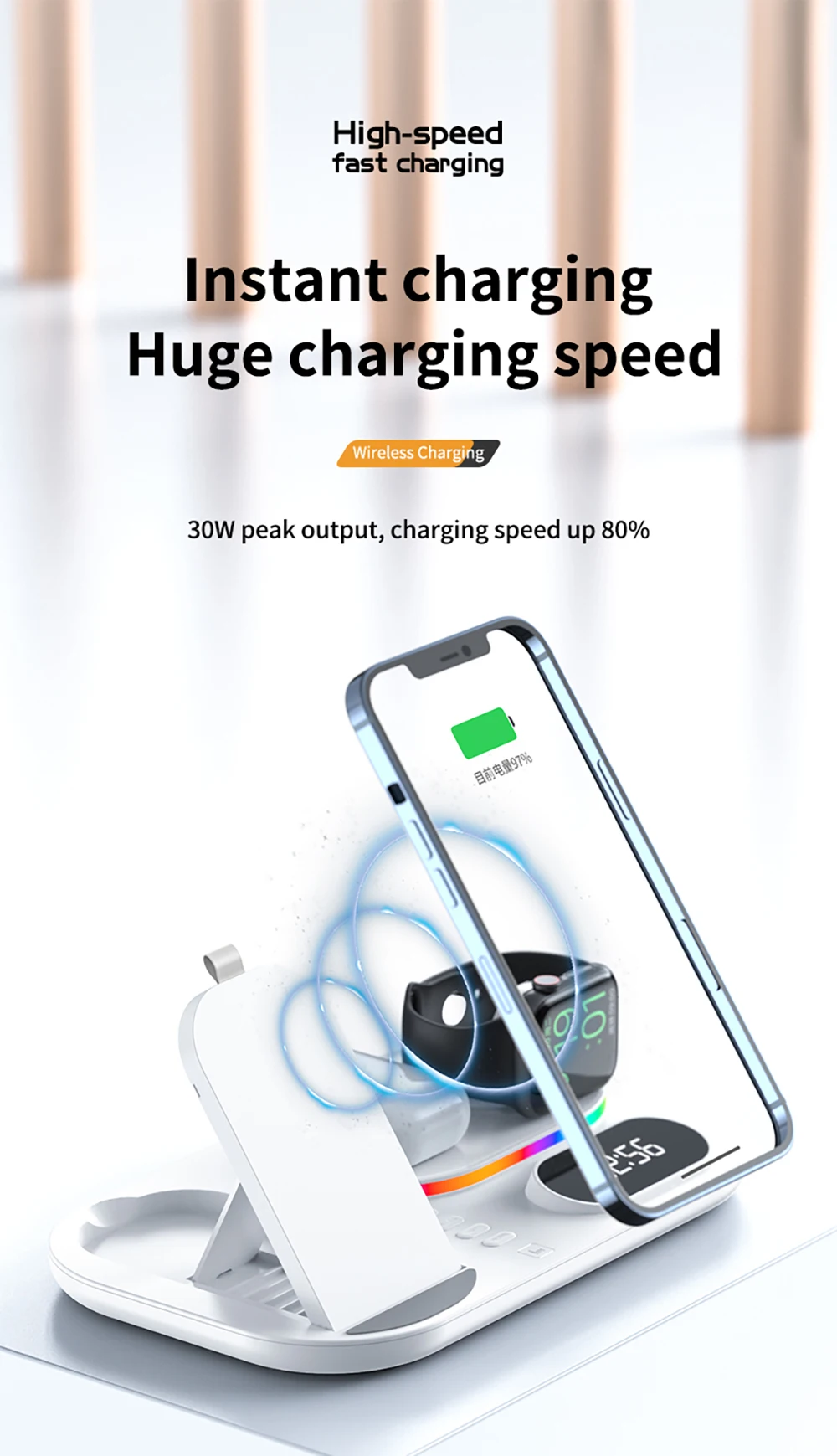 Kabelloses Ladegerät 4-in-1 Schnelle Kabellose Ladestation für iPhone 15 16 17 Pro Max Apple Watch Kabelloses Ladegerät mit Lampe und Uhr – Detail 8