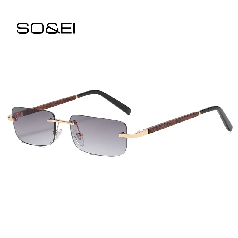 SO&EI Fashion Small Rectangle Rimless Gradient Sunglasses Women Vintage Wood Grain Eyewear Men Square Sun Glasses Shades UV400