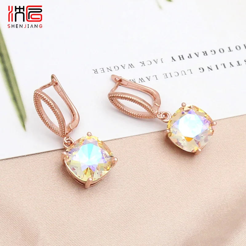 

SHENJIANG New Fashion 585 Rose Gold Color Square Crystal Dangle Earrings For Women Wedding Party Elegant Jewelry Fine Gift