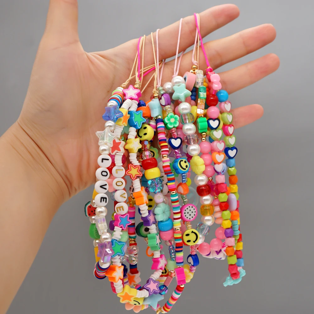 Bohemian Cell Phone Chain Bohemian Rainbow Beads Wrist Strap For Mobile Phone Holder String Colorful LanyardSmileyChains Jewelry