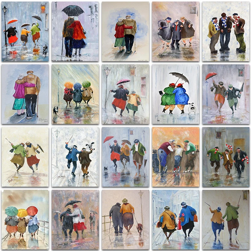 Diamond Painting Kit Paint Cartoon Old Couple Street view Rainy day Full Square&Round embroidery mosaic Cross stitch home decor